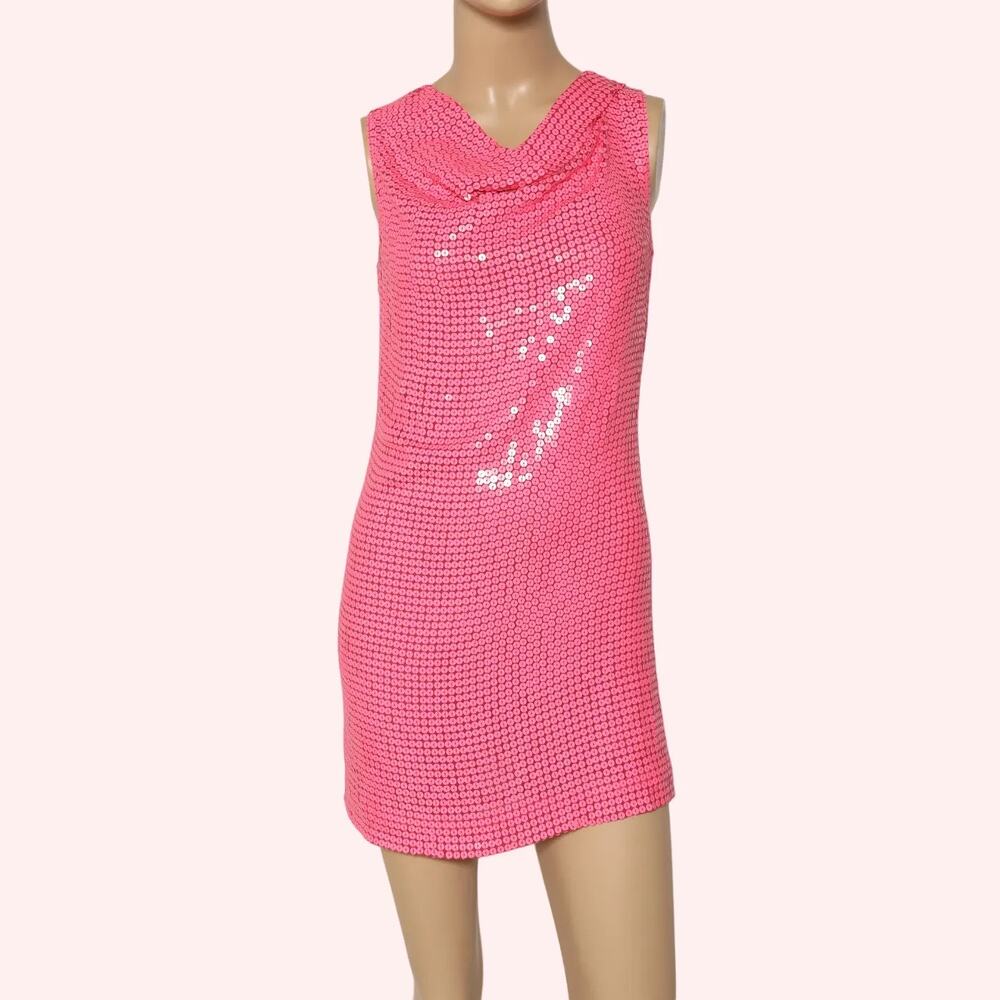 DIANE VON FURSTENBERG Pink Sequin Silk Cowl Neck Mini Dress